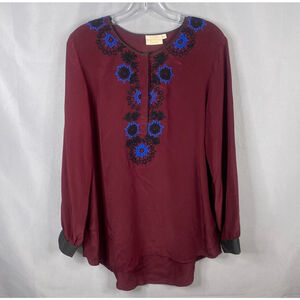 Rungolee Top Womens Large Burgundy Red Silk Blouse Popover Embroidered